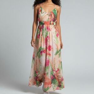 VENUS 8 Pink Green Tropical Floral Maxi Dress Preppy Artsy Romantic Boardwalk